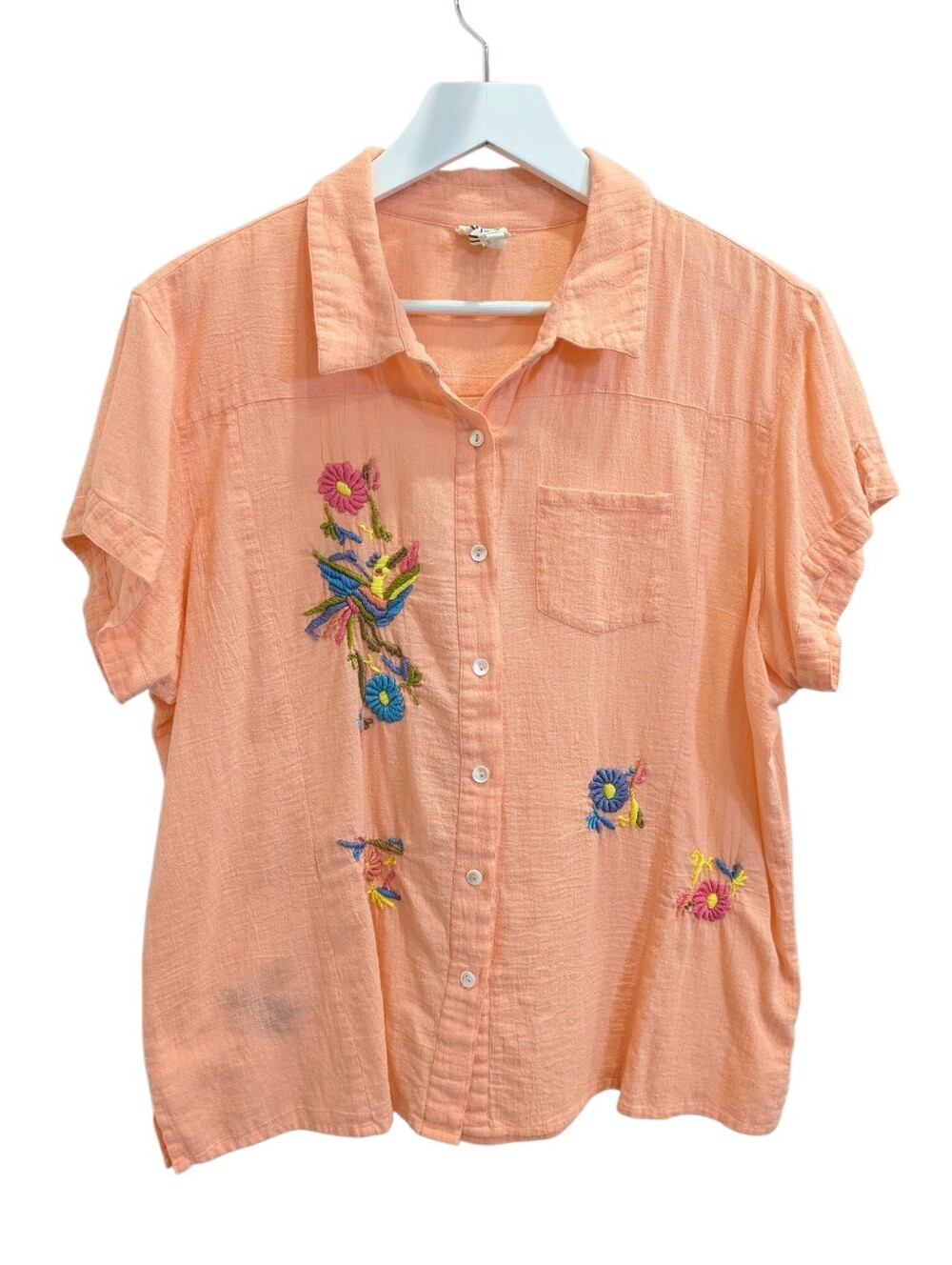 Sister Mary Embroidered Hummingbird Floral Top XL Peach Cotton Crinkle Gauze
